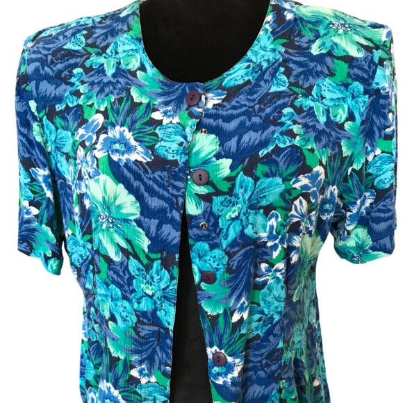 Sarah Taylor Floral Crepe Blouse: Vintage Blue Flowery Rayon Tunic, Size M - Picture 6 of 8